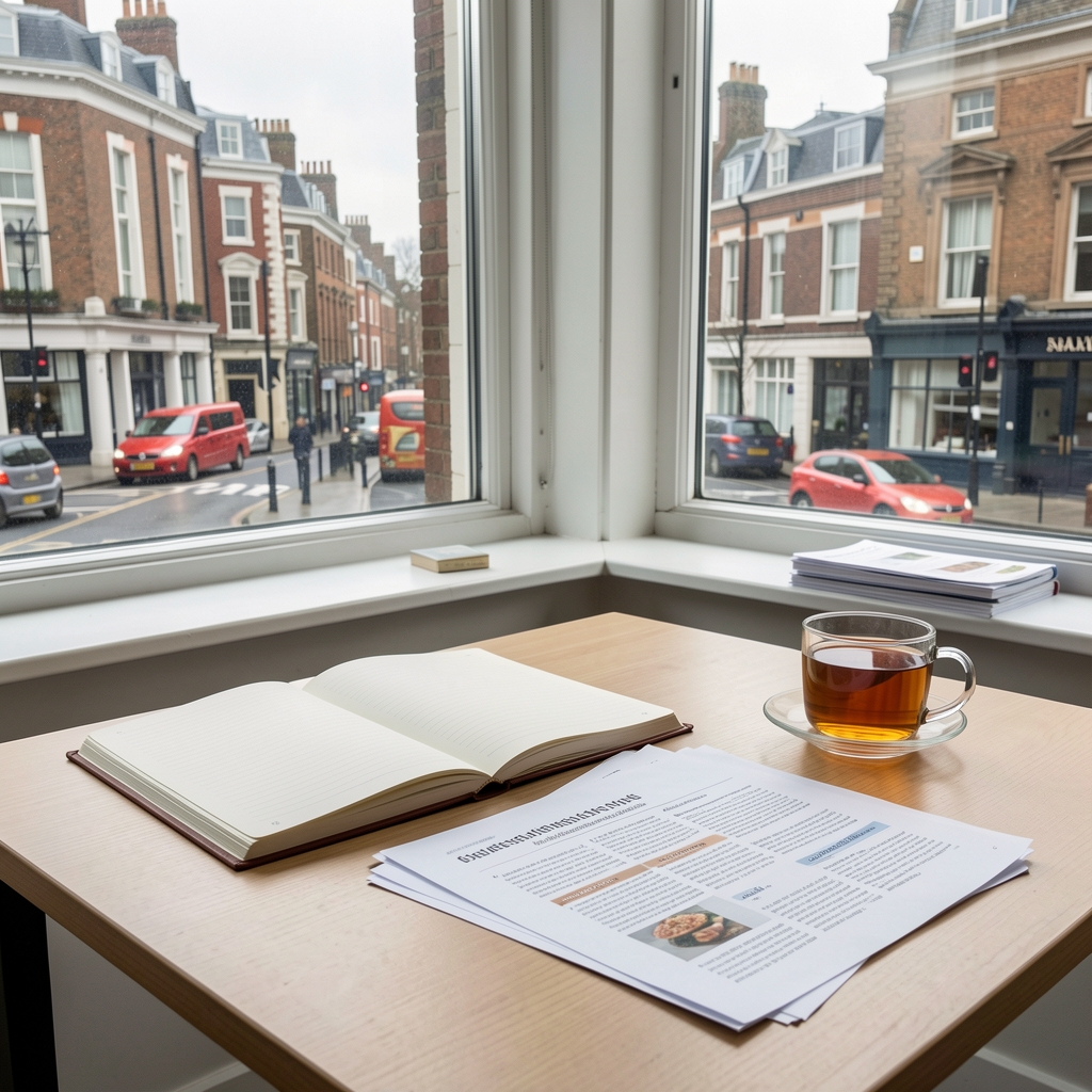 Sparse editorial workspace with an open notebook, scattered research papers on food habits, and a cold cup of tea beside a window overlooking a London street in overcast light