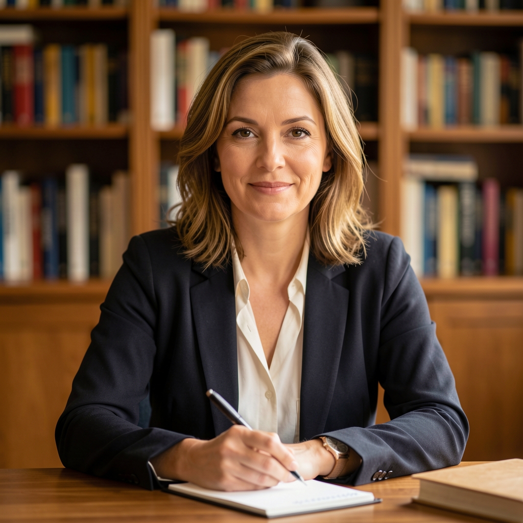 Portrait of a woman in her late thirties at a writing desk, bookshelves in the background, warm studio lighting, editorial portrait
