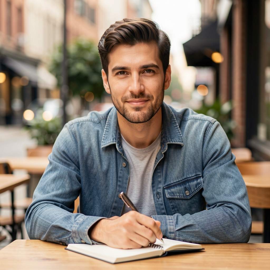 Portrait of a man in his thirties at a cafe table with a notebook, urban natural light, warm editorial photography style