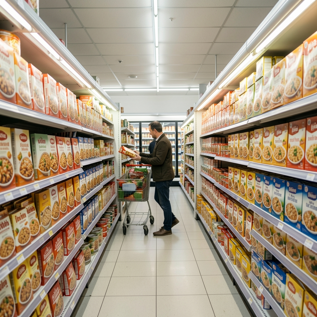 Supermarket chilled aisle in England showing rows of identical ready meal packaging under bright fluorescent lighting, with a customer reaching for a selection mid-aisle