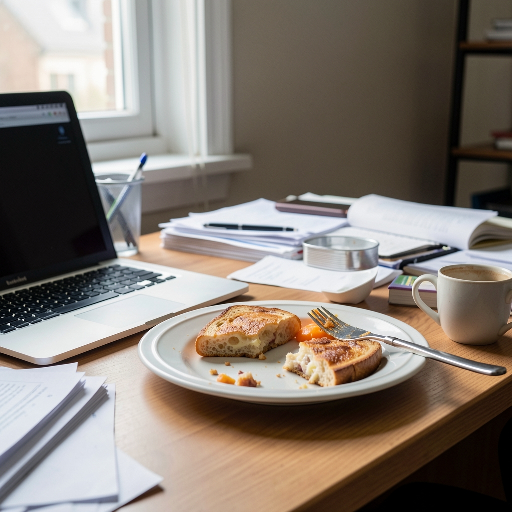 A half-eaten breakfast plate pushed to the side of a cluttered desk beside a laptop, morning light through a window, suggesting a hurried and incomplete meal