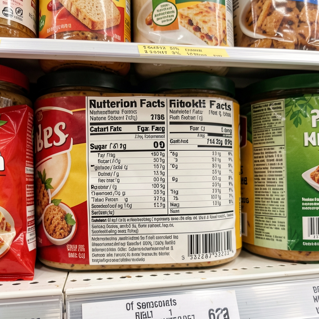 Close-up of supermarket food labels showing nutrition information panels on various savoury packaged foods, with sugar content figures visible under bright in-store lighting