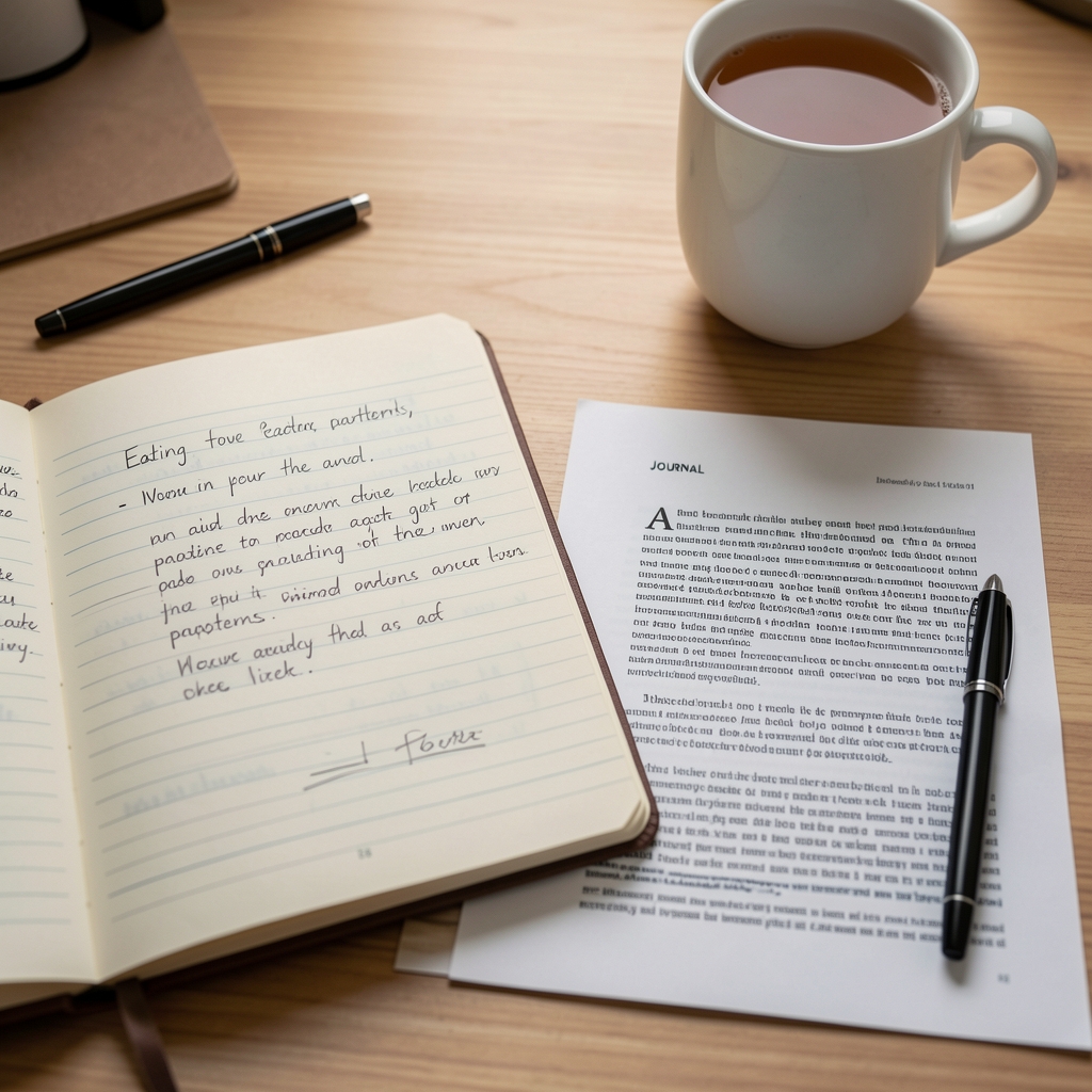 Close view of an open notebook with handwritten notes beside a printed journal article on eating patterns, desk surface with a pen and cold cup of tea